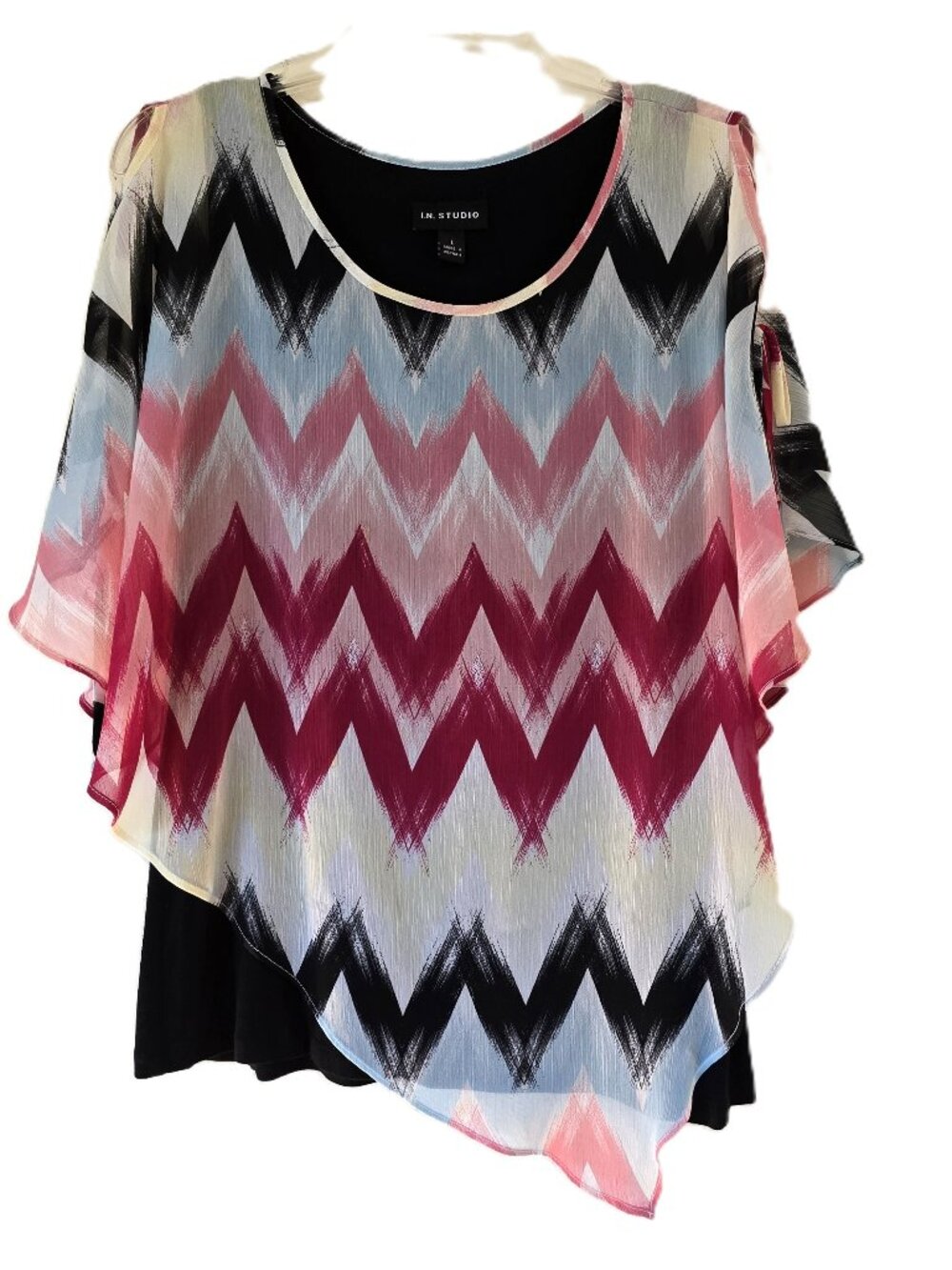 I.N. Studio Chevron Print Asymmetric Hem Layered Chiffon Poncho Top Large